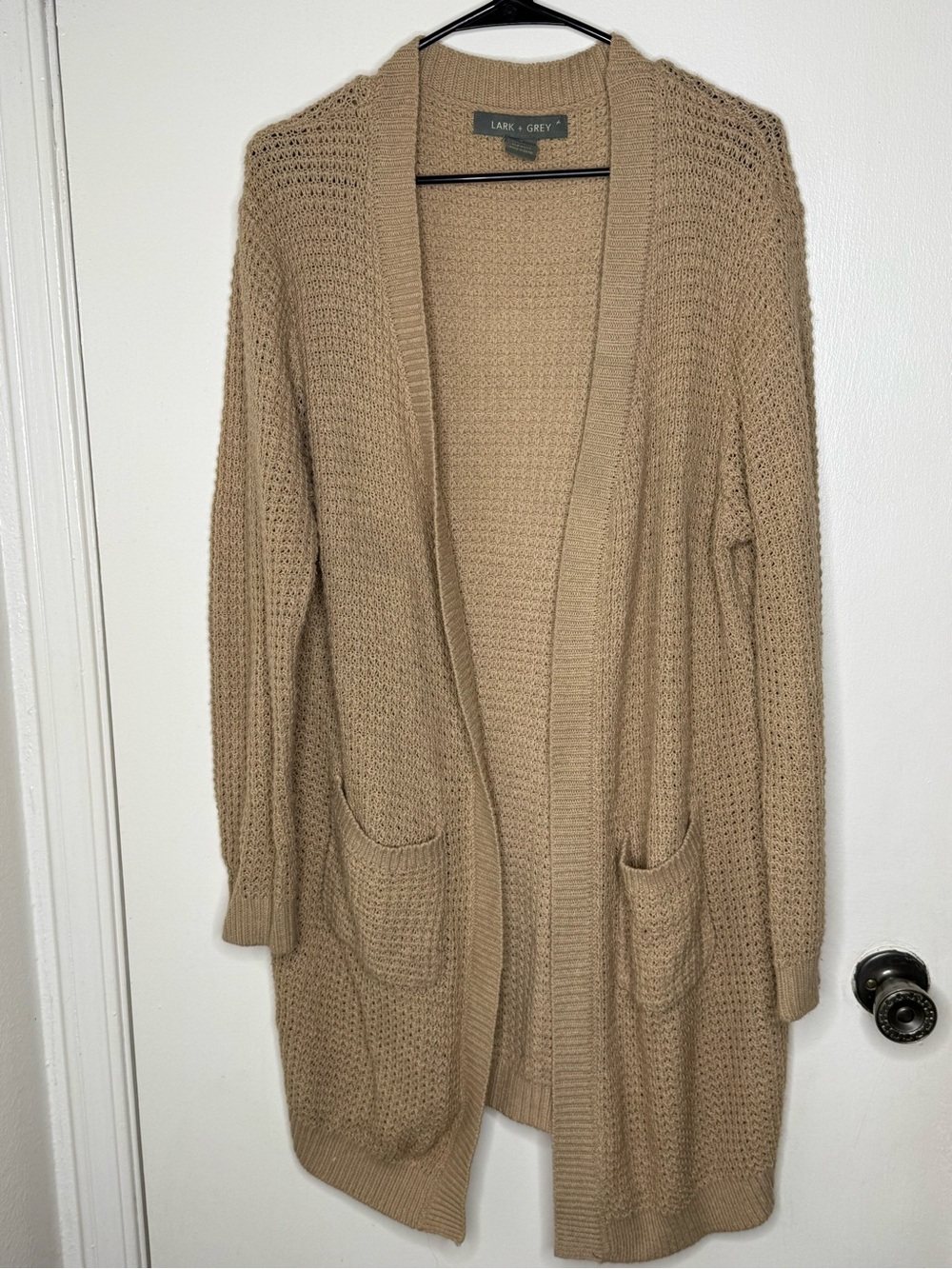 Lark + Grey Tan Open Front Long Knit Cardigan Size XL Pockets
